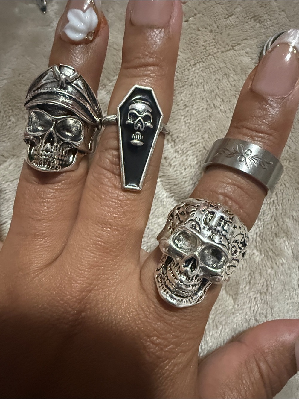 Bold Silver Skull Ring Set - Gothic Coffin Accent
